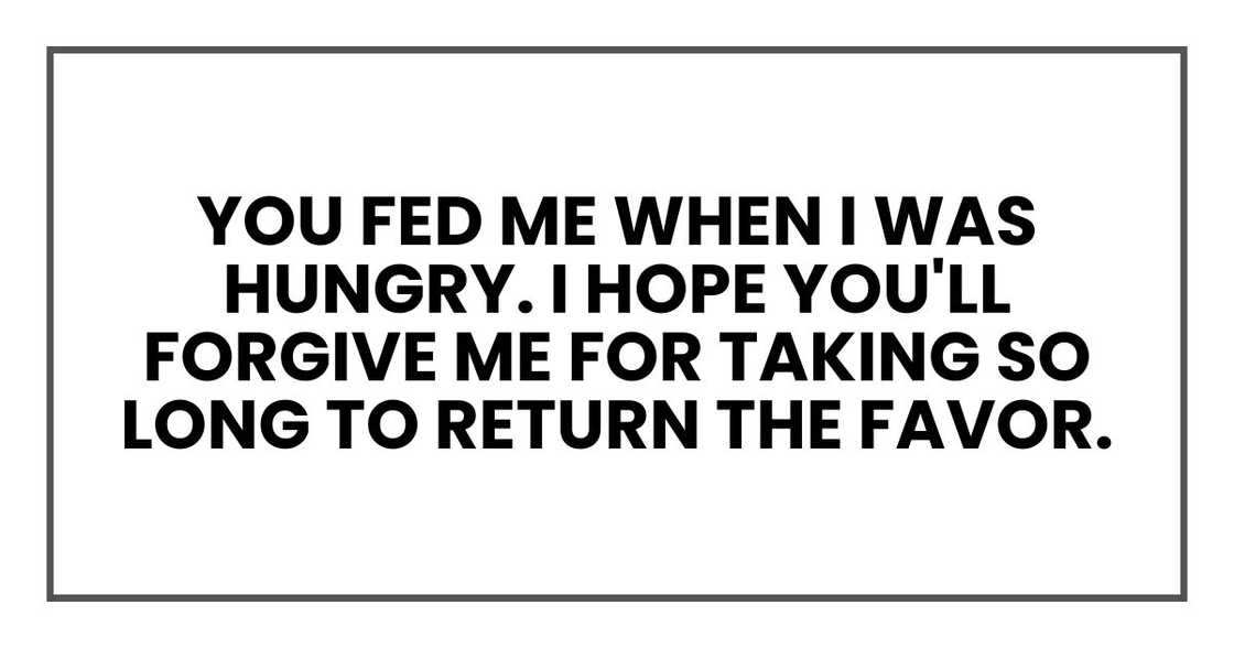 You fed me when I was hungry. I hope you'll forgive me for taking so long to return the favor.