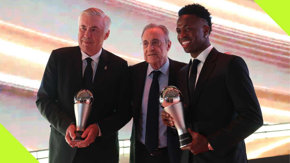 Carlo Ancelotti, Florentino Perez, Vinicius Jr, Real Madrid, FIFA Awards, Aspire Academy, Doha, Qatar.