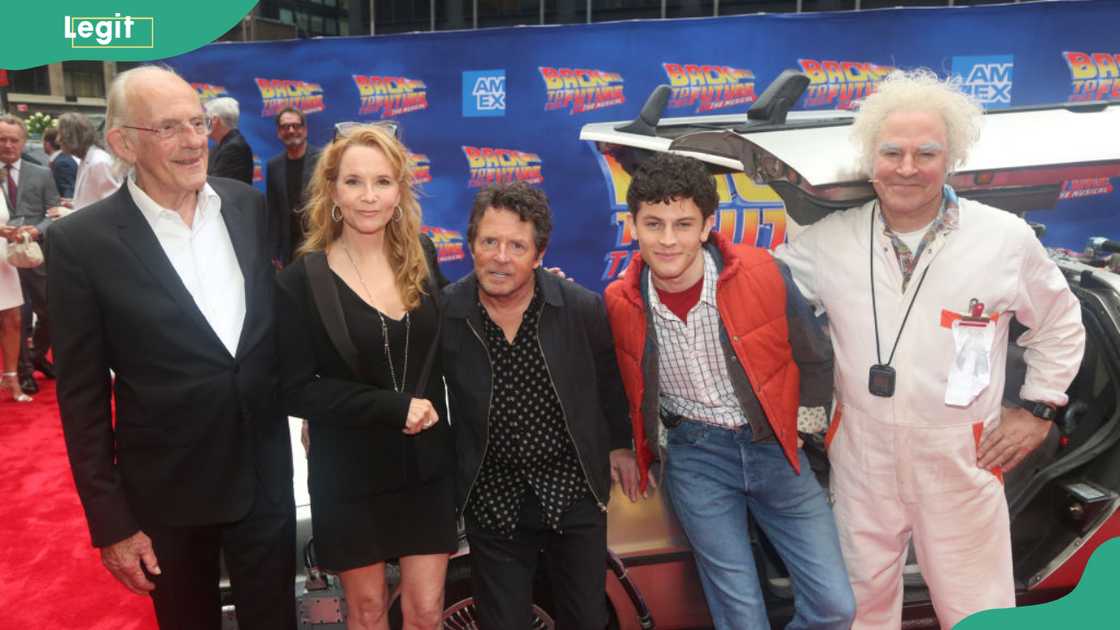 From (L-R) Christopher Lloyd, Lea Thompson, Michael J. Fox, Casey Likes, Roger Bart at Winter Garden Theatre