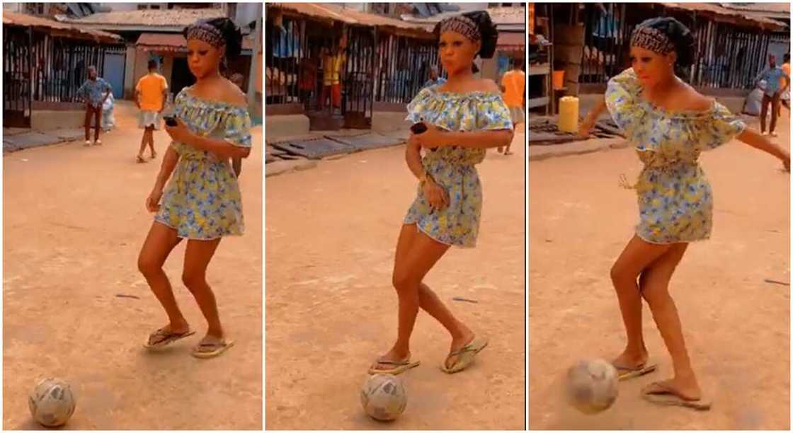 Photos of a lady posing to kick football in the street.