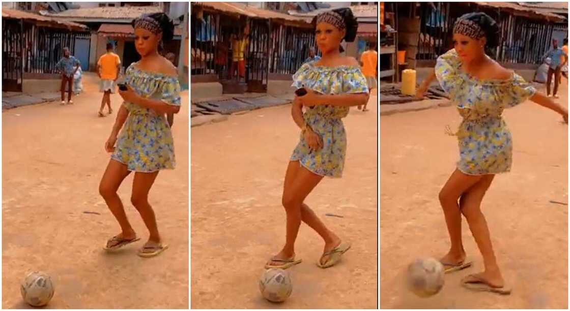 Photos of a lady posing to kick football in the street. Photos of a lady posing to kick football in the street.