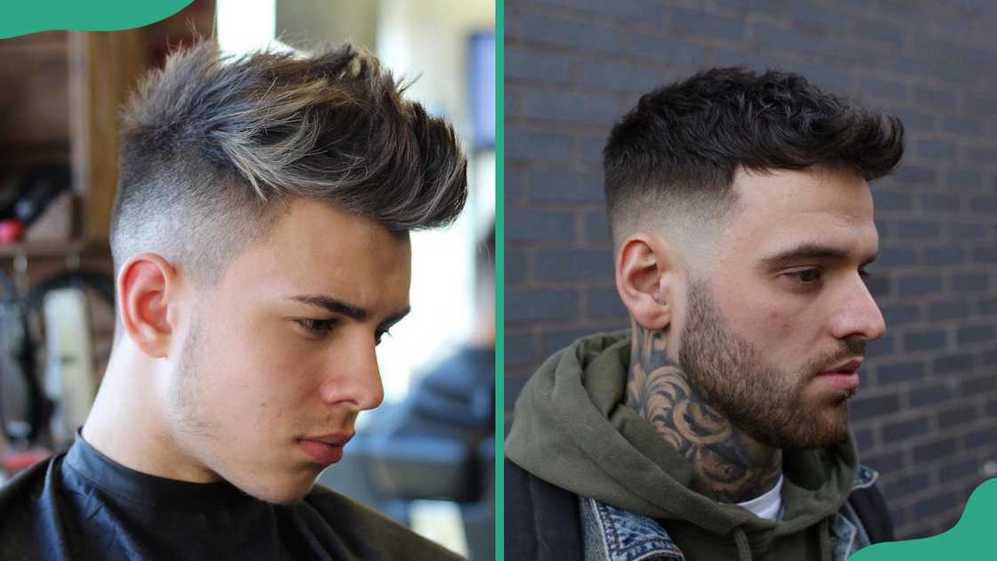 High fade textured quiff haircut (L). Short textured quiff haircut mid-fade (R). High fade textured quiff haircut (L). Short textured quiff haircut mid-fade (R).