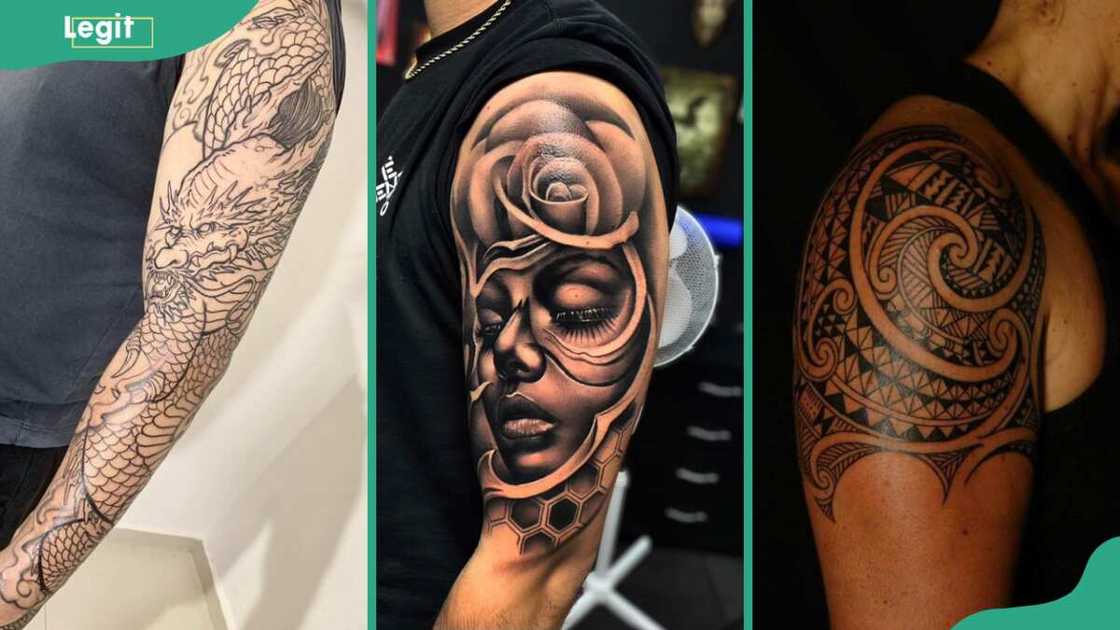 Dragon (L), 3D (C), and half-sleeve (R) tattoos Dragon (L), 3D (C), and half-sleeve (R) tattoos