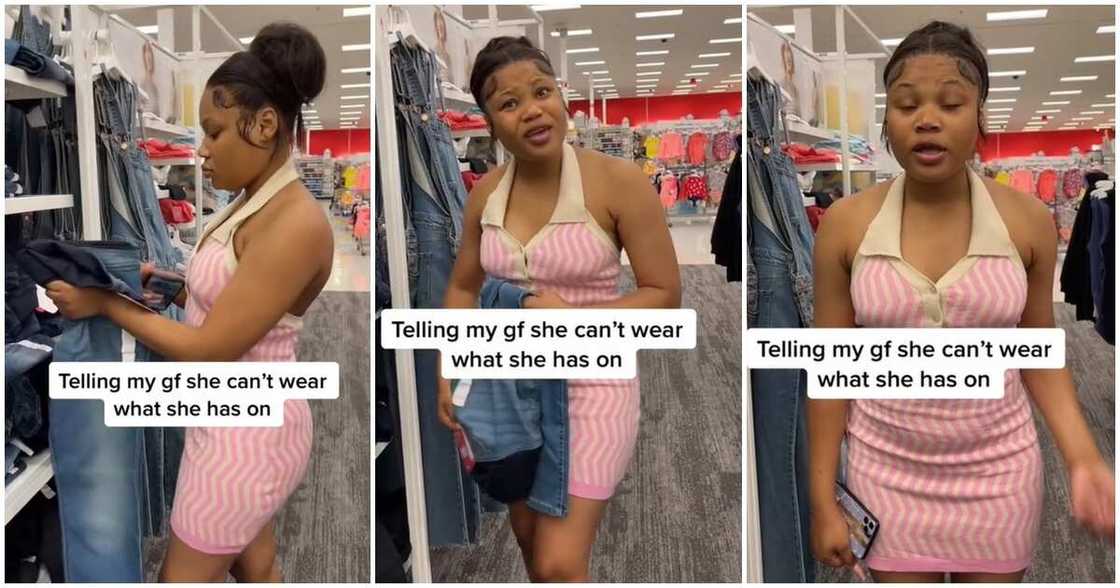 Photos of a black lady in a store as she is pranked by her man because of her dress. Photos of a black lady in a store as she is pranked by her man because of her dress.