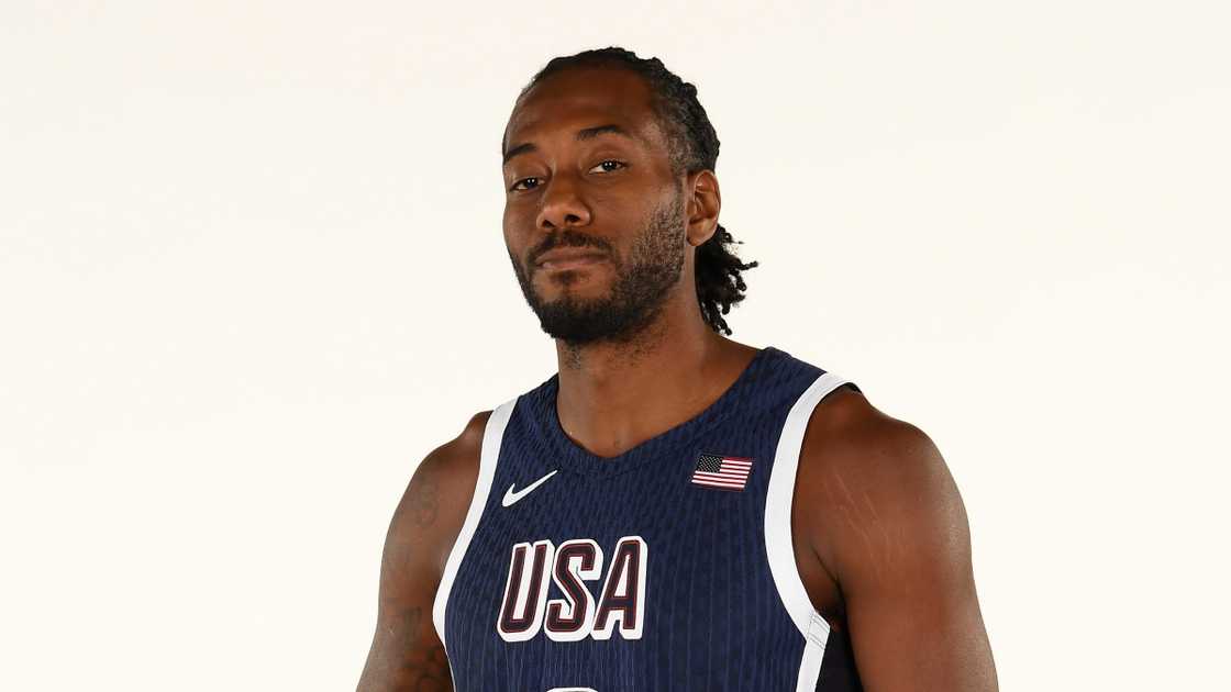 Kahwi Leonard poses in the USA Basketball Men's team kit. Kahwi Leonard poses in the USA Basketball Men's team kit.