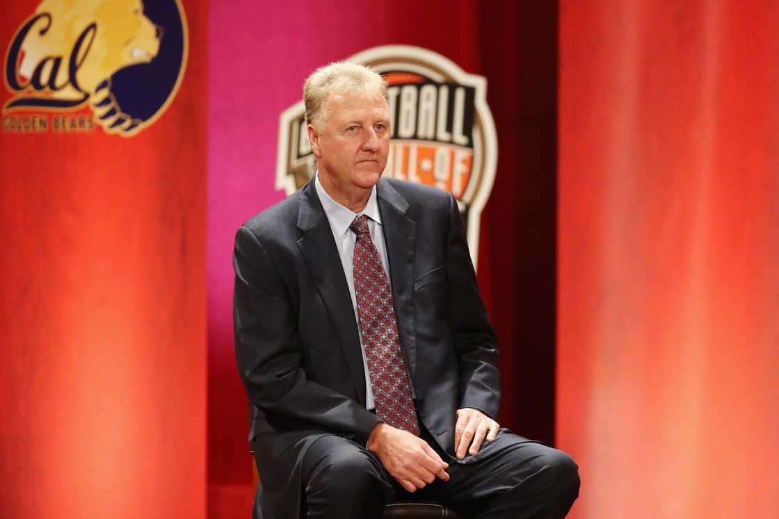 Larry Bird looks on during the Basketball Hall of Fame Enshrinement Ceremony at Symphony Hall in Springfield, Massachusetts