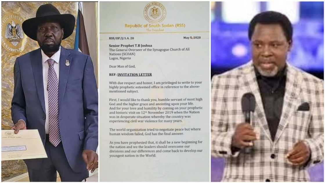 The South Sudan president said TB Joshua's prophecy gave them peace.
Photos sources: Facebook/TB Joshua/Today NG The South Sudan president said TB Joshua's prophecy gave them peace.
Photos sources: Facebook/TB Joshua/Today NG