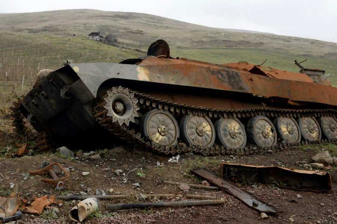 A picture taken November 30, 2020 shows what is said to be destroyed Armenian military hardware outside the towns of Hadrut and Khojavend -- six weeks of fighting between Armenia and Azerbaijan cost thousands of lives that year A picture taken November 30, 2020 shows what is said to be destroyed Armenian military hardware outside the towns of Hadrut and Khojavend -- six weeks of fighting between Armenia and Azerbaijan cost thousands of lives that year