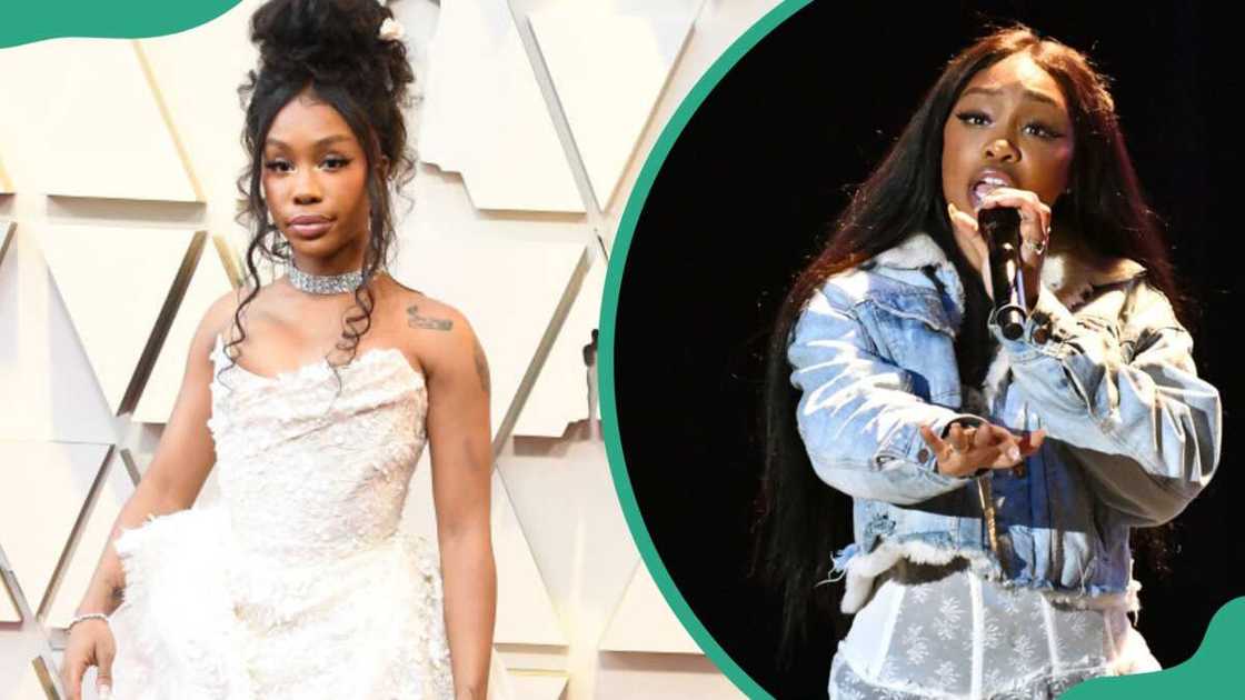 SZA arrives at the 91st Annual Academy Awards (L). She performs onstage during the Mac Miller: A Celebration of Life benefit concert (R).