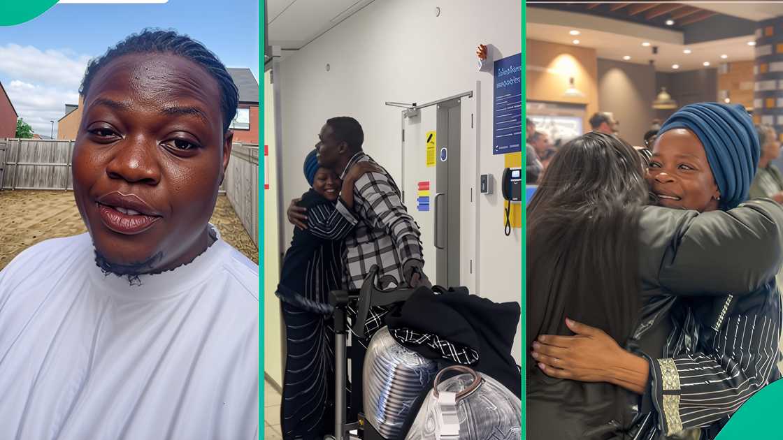 A Nigerian man happily welcomes his mother to the UK after five years of staying apart