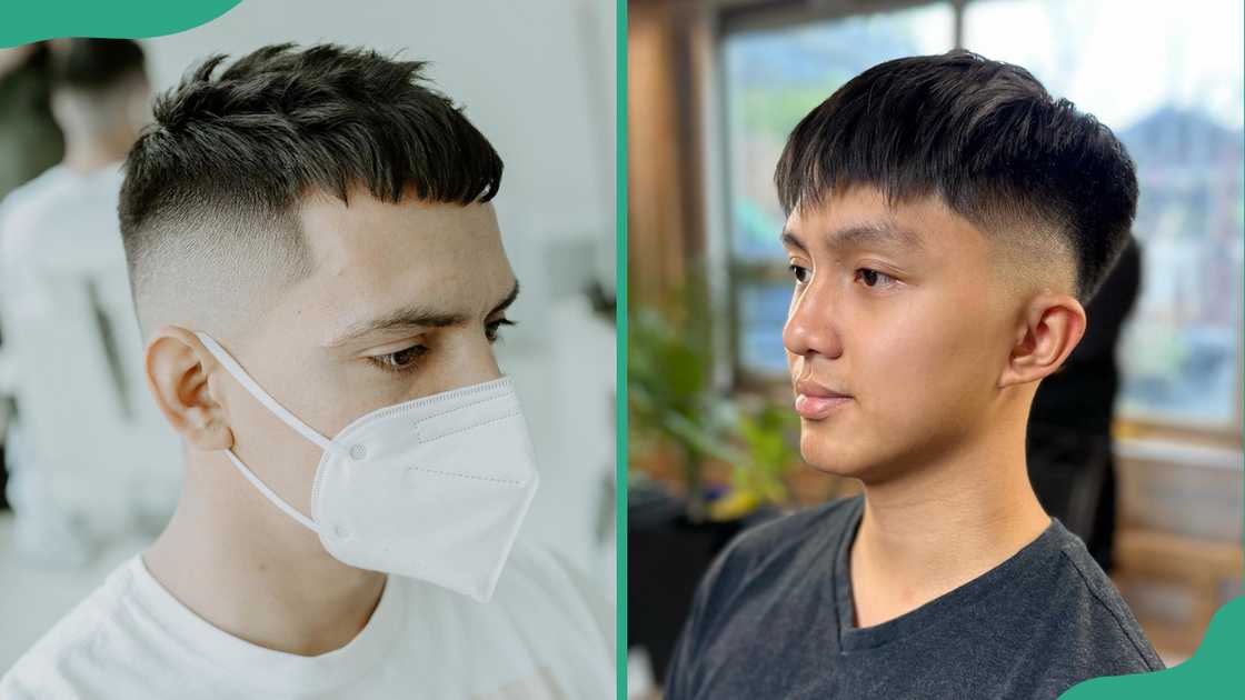 Two men show off the sideview of their shattered bangs hairstyle