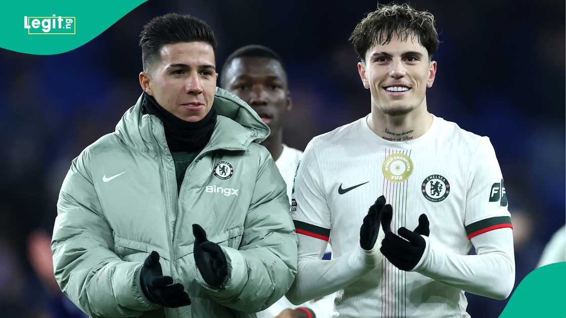 Enzo Fernandez and Alejandro Garnacho applaud Chelsea fans after defeat in the Carabao Cupagainst Cardiff City. Photo by Dan Istitene Enzo Fernandez and Alejandro Garnacho applaud Chelsea fans after defeat in the Carabao Cupagainst Cardiff City. Photo by Dan Istitene