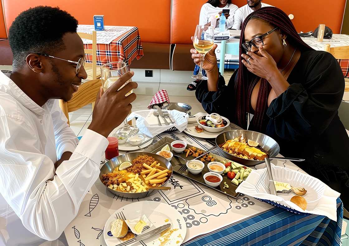 A couple having dinner at Ocean Basket restaurant A couple having dinner at Ocean Basket restaurant