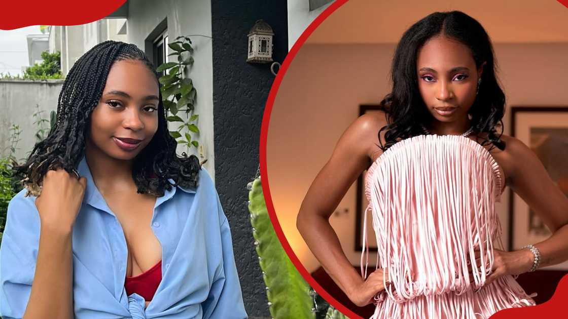 Susan Pwajok with braided hair wearing a light blue unbuttoned shirt over a dark red top. The actress wearing a pink fringed dress. Susan Pwajok with braided hair wearing a light blue unbuttoned shirt over a dark red top. The actress wearing a pink fringed dress.