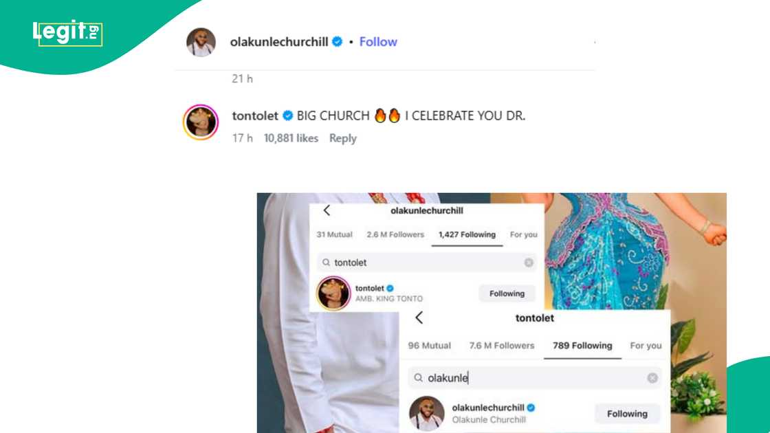 Tonto Dikeh celebrates ex-husband Olakunle Churchill in first comment on his page in years.