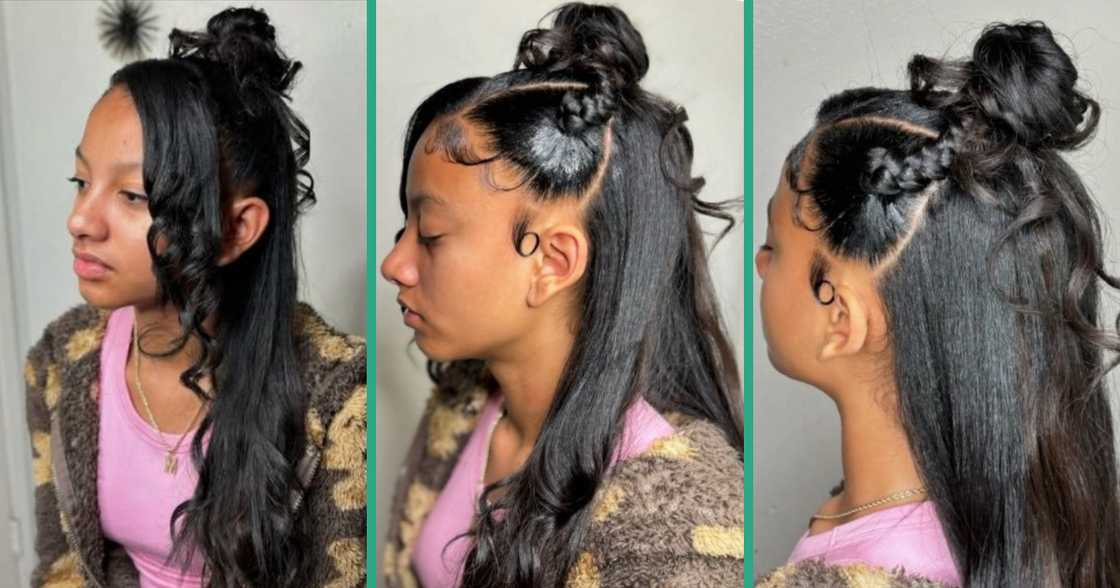 Long natural hair worn in a half-up, half-down hairstyle. Long natural hair worn in a half-up, half-down hairstyle.