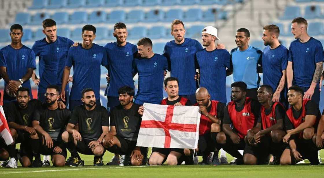 England's players pose with migrant workers at Al Wakrah Stadium in Doha ahead of the World Cup England's players pose with migrant workers at Al Wakrah Stadium in Doha ahead of the World Cup