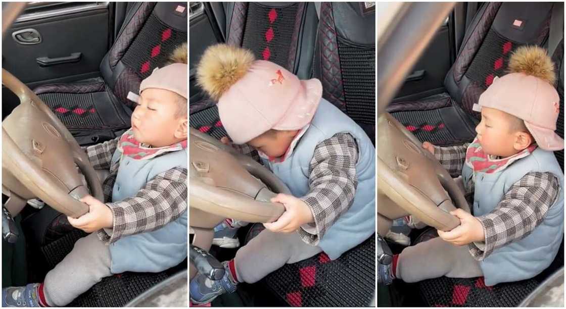 Photos of a baby sleeping while holding a car steering.