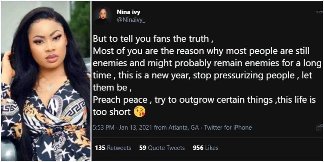 Nina blames fans for creating enmity between ex-BBNaija housemates Nina blames fans for creating enmity between ex-BBNaija housemates