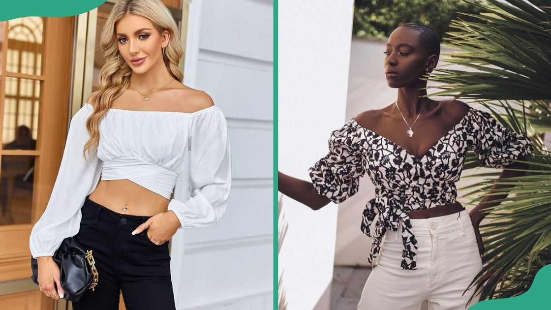 Women displaying variations of off-shoulder crop top Women displaying variations of off-shoulder crop top