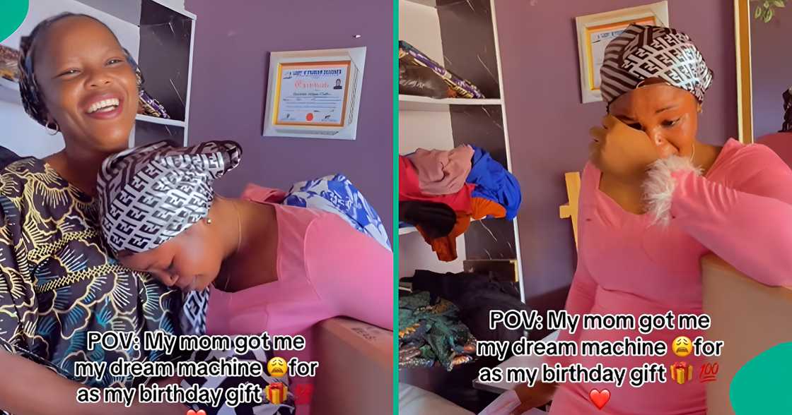 Young lady cries after getting sewing machine from mum. Young lady cries after getting sewing machine from mum.