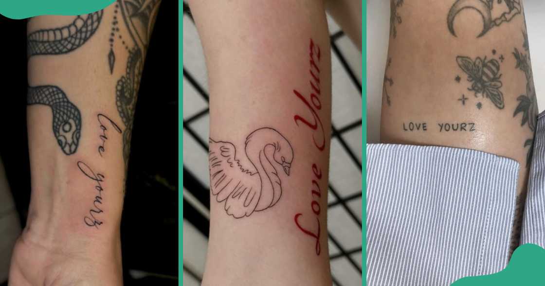 Love Yourz tattoos with animals on the arms. Love Yourz tattoos with animals on the arms.