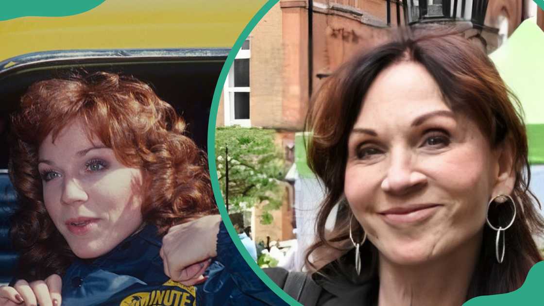 Marilu Henner in a taxi (L). The actress in a black outfit at St Paul's Church (R)