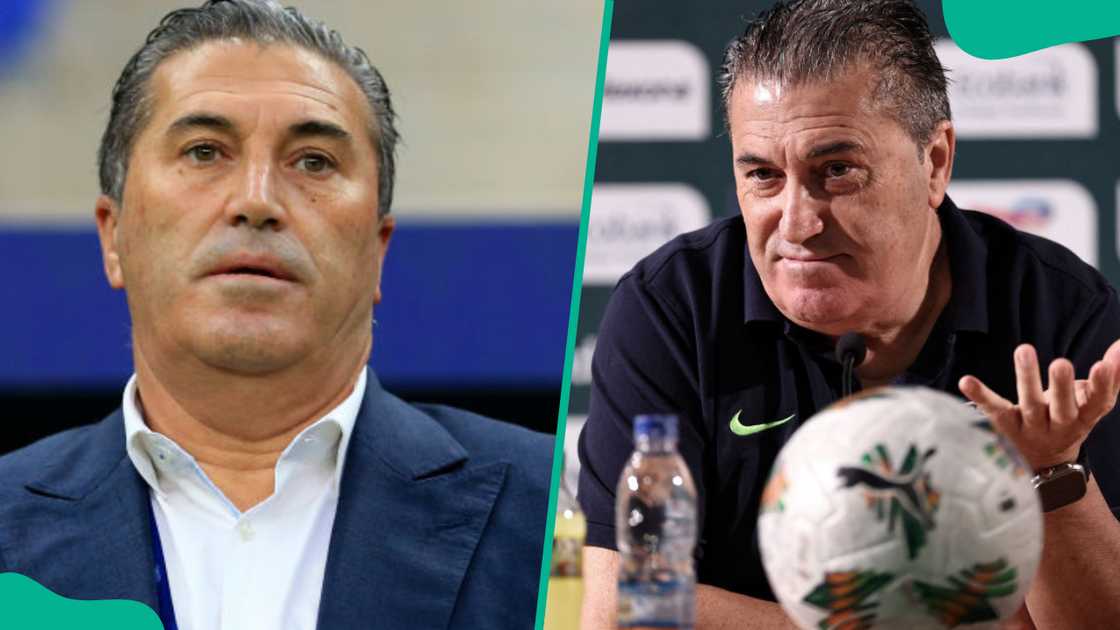 José Peseiro looks on before a Group B Match between Venezuela and Peru (L). He gestures during a press conference at the Palais de la Culture in Abidjan (R)