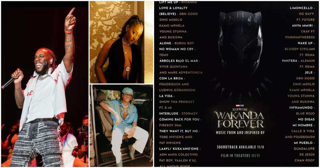 Photos of Burna Boy, Tems, Fireboy DML and Wakanda Forever tracklist Photos of Burna Boy, Tems, Fireboy DML and Wakanda Forever tracklist