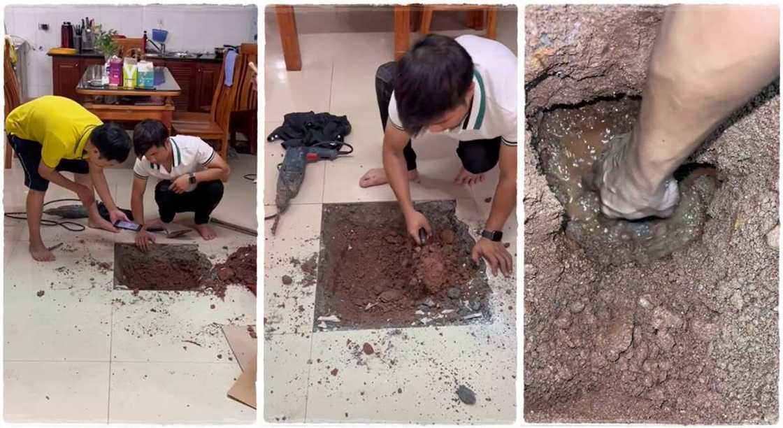Photos of a man digging the floor to reveal a broken piple. Photos of a man digging the floor to reveal a broken piple.