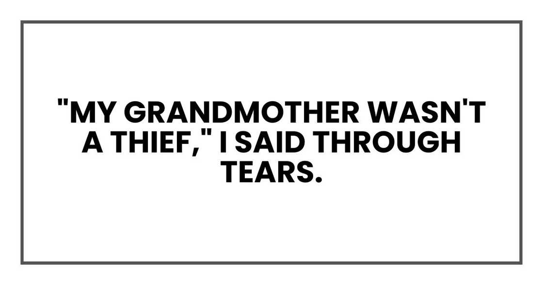 "My grandmother wasn't a thief," I said through tears. "My grandmother wasn't a thief," I said through tears.
