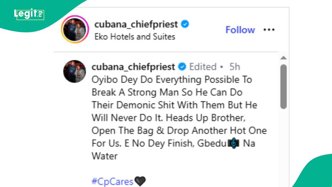 Cubana Chiefpriest sends message to Davido after his Grammy loss.