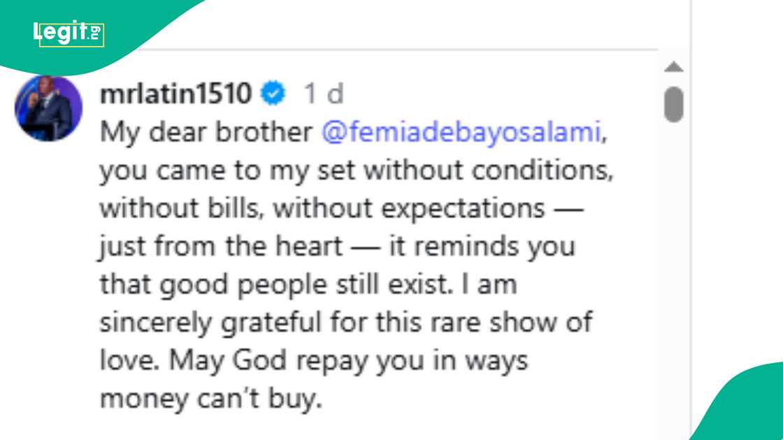 Mr Latin shares how Femi Adebayo came to his movie set without conditions and bills. Mr Latin shares how Femi Adebayo came to his movie set without conditions and bills.