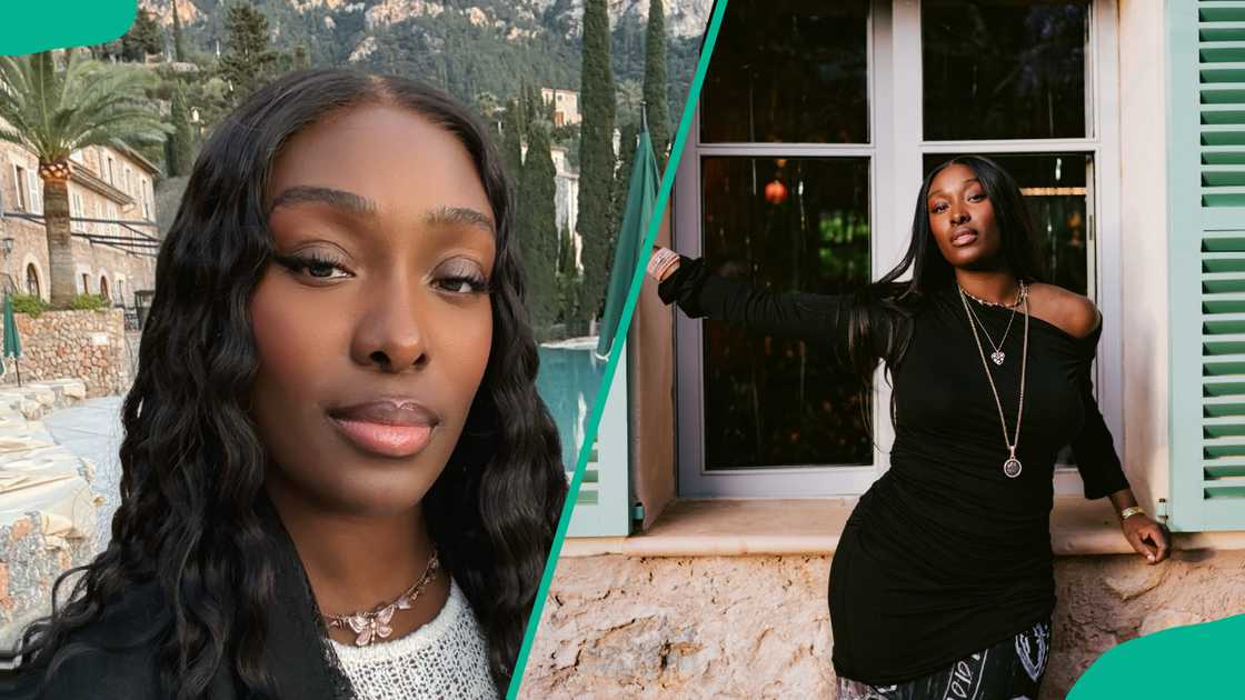 Tolani Otedola takes a selfie outdoors and she poses in front of a large window