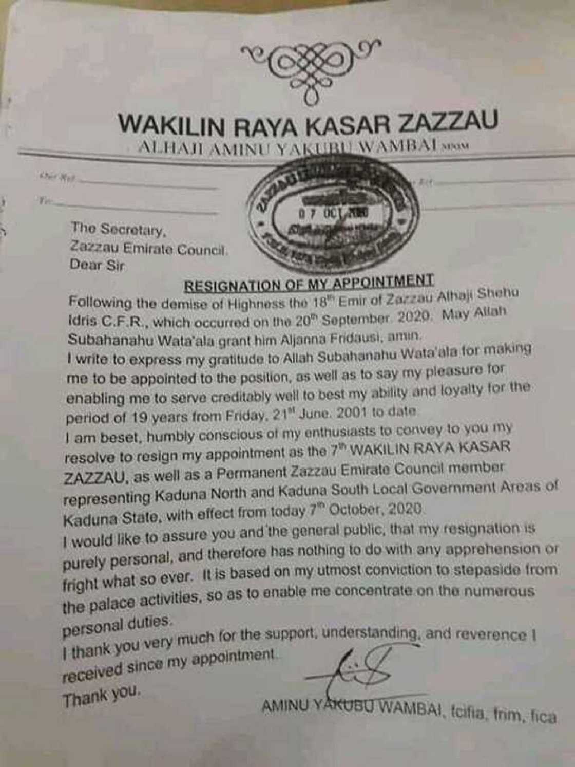 Da duminsa: Daya daga 'yan majalisar masarautar Zazzau ya yi murabus Da duminsa: Daya daga 'yan majalisar masarautar Zazzau ya yi murabus