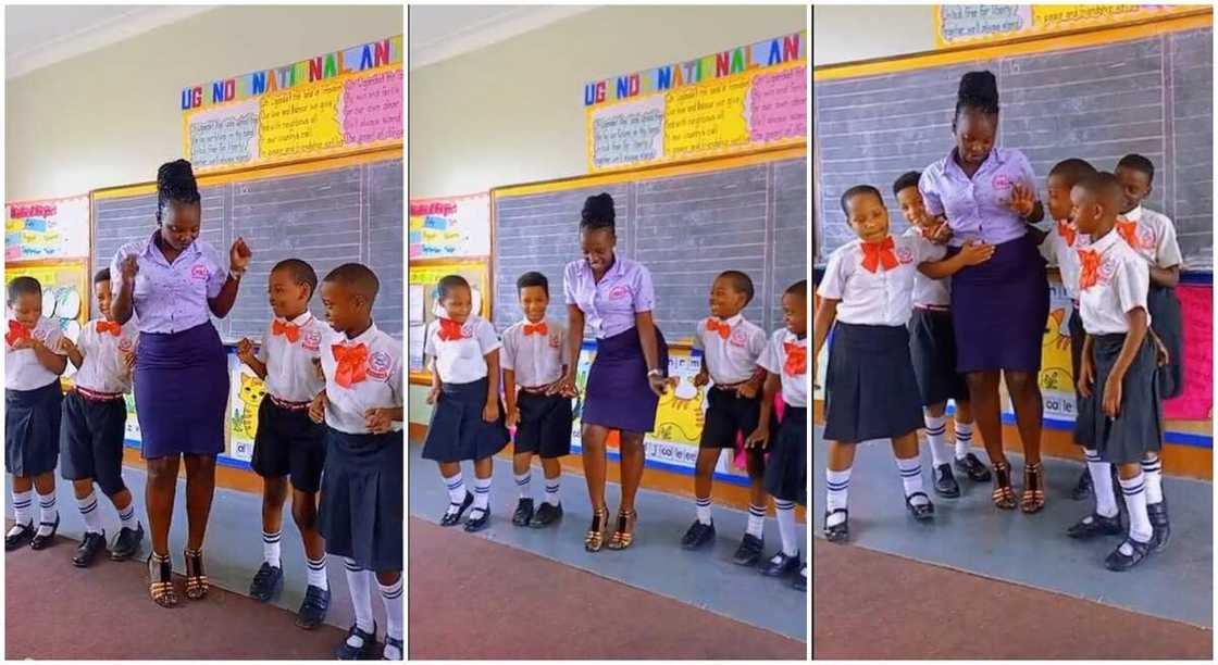 Photos of a teacher dancing with her pupils inside class.