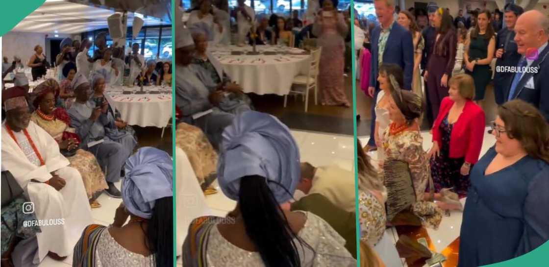 White groom and his family struggle to greet Yoruba in-laws in Yoruba White groom and his family struggle to greet Yoruba in-laws in Yoruba