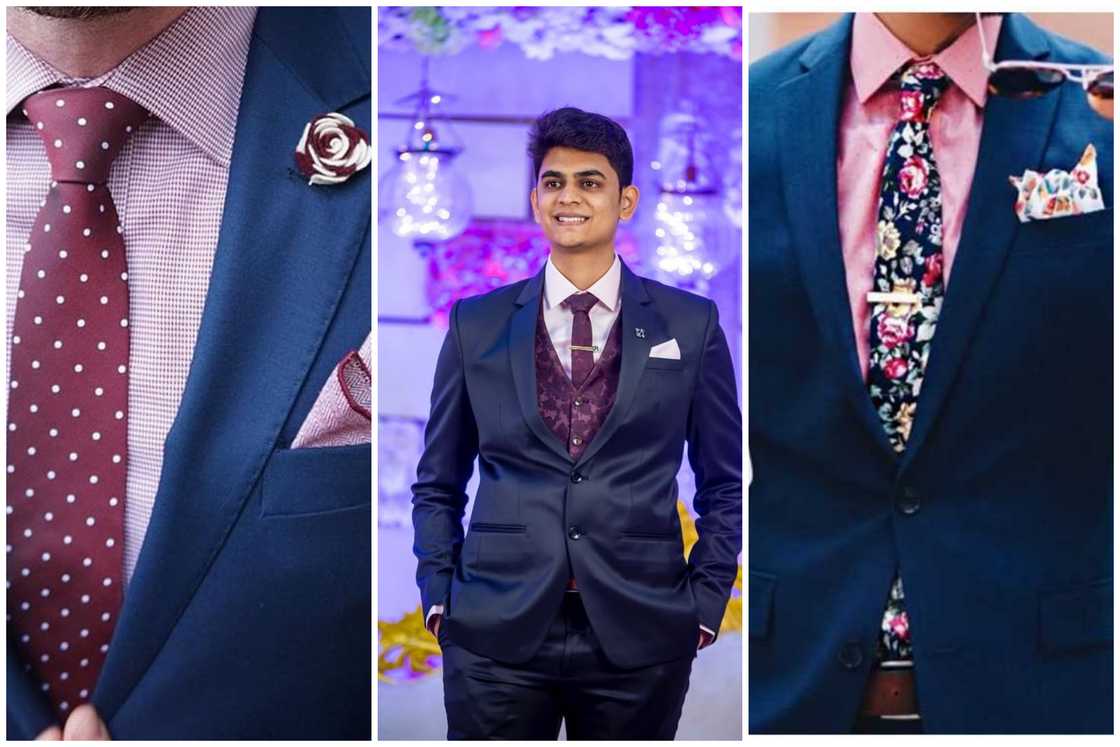 Navy suit with a floral tie and a pink shirt Navy suit with a floral tie and a pink shirt