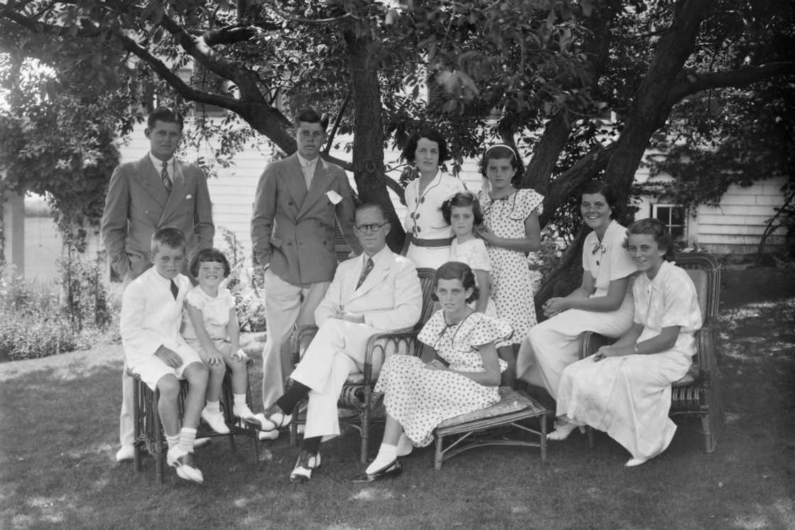 Standing from left, Joseph P Kennedy Jr., John F Kennedy, Rose, Jean Kennedy, and Patricia Kennedy