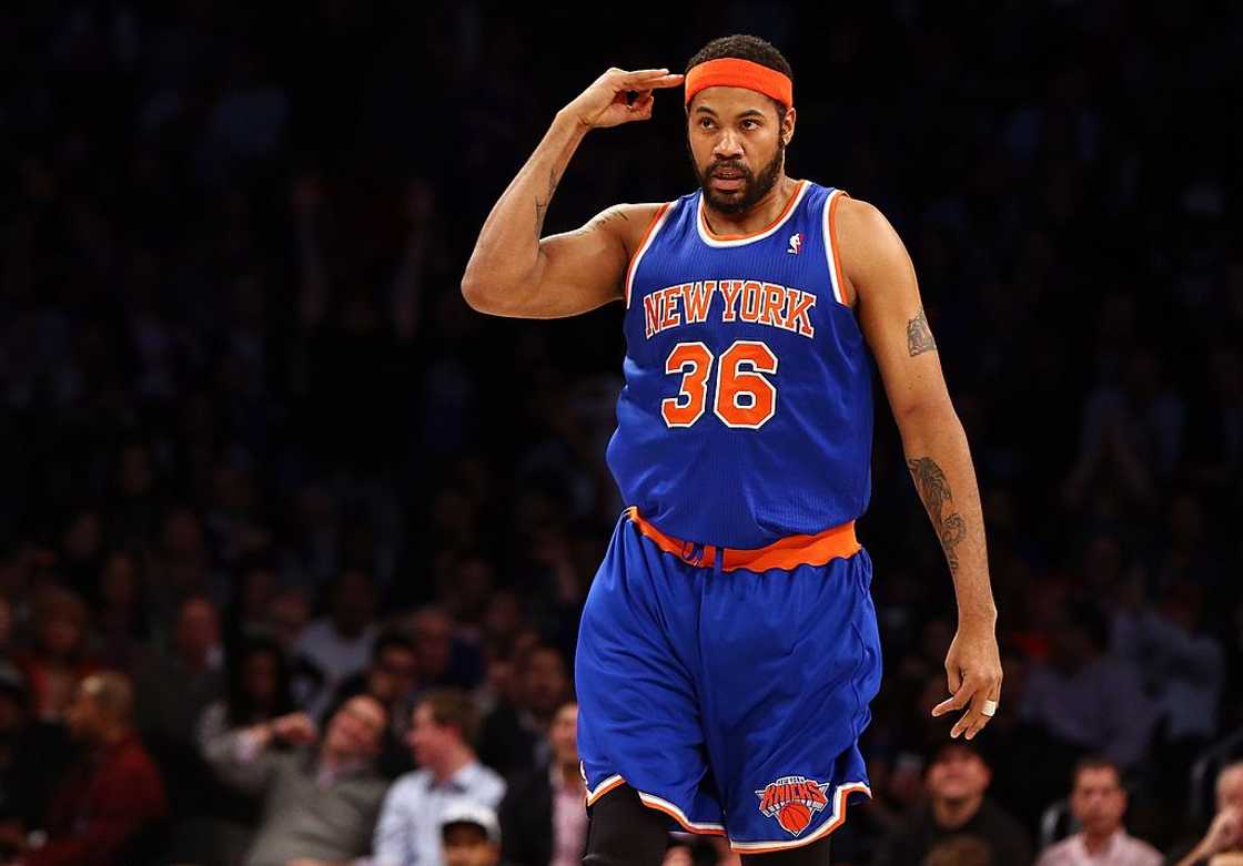 Rasheed Wallace celebrates a htree point basket against the Brooklyn Nets