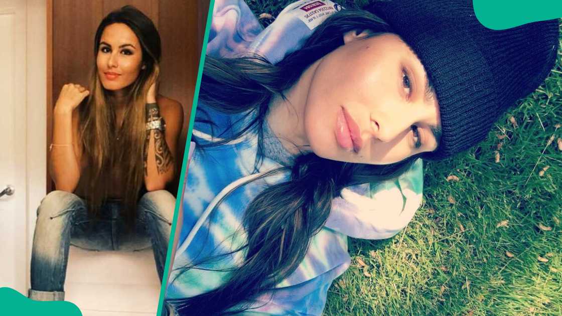 Khalyla Kuhn sits on the door threshold and takes a selfie while lying on the grass