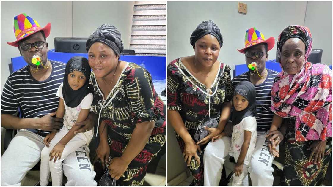 The kid's family members posed beside her in a photo. The kid's family members posed beside her in a photo.