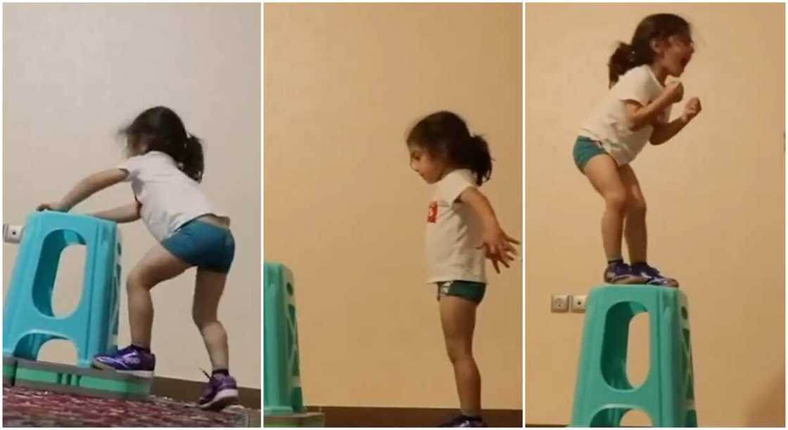 After many failures, a little boy who refused to give up jumped high and stood on a tall stool. After many failures, a little boy who refused to give up jumped high and stood on a tall stool.
