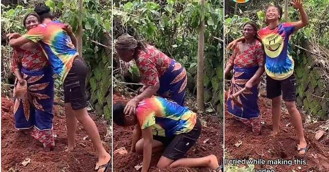 Mother prays for daughter at a farm, proud