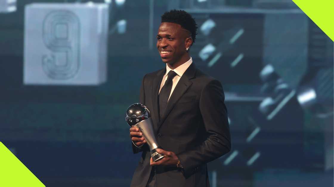 Vinicius Jr poses with the FIFA The Best Award Vinicius Jr poses with the FIFA The Best Award