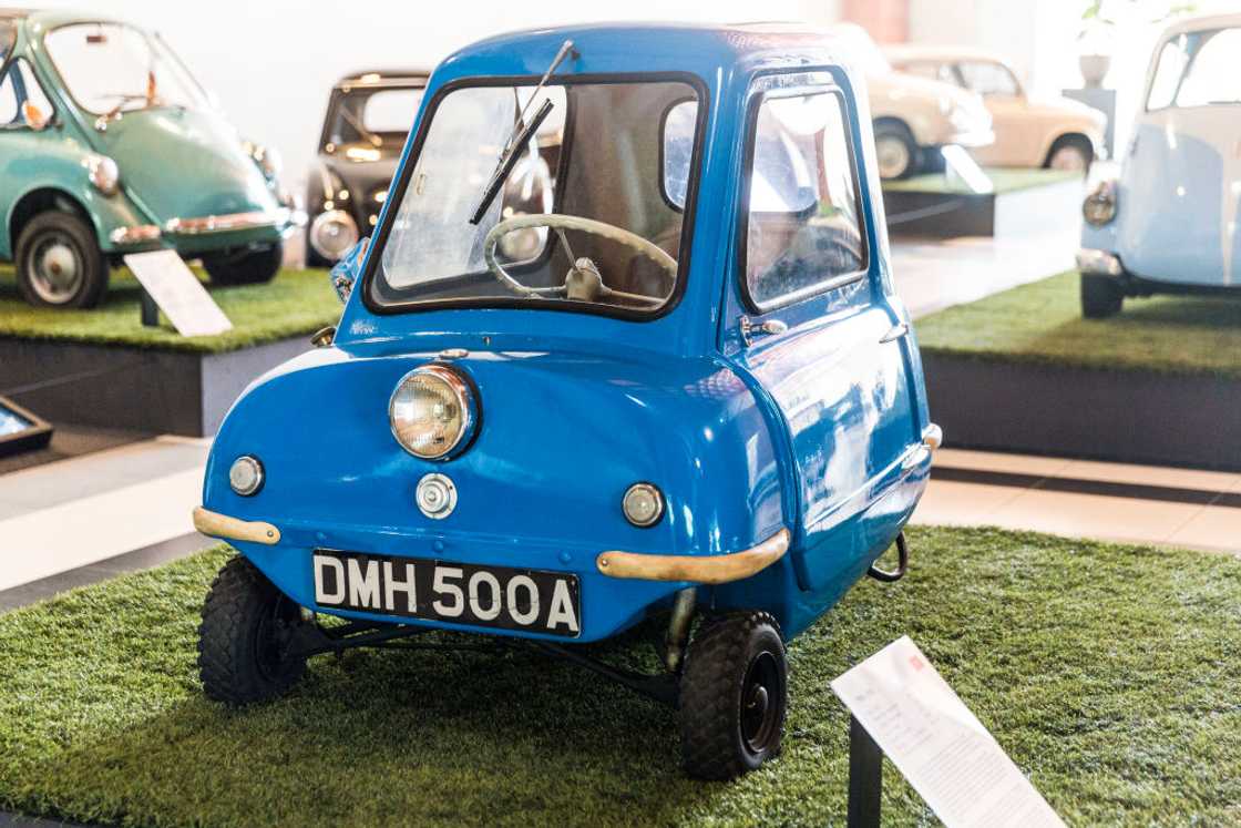 A blue 1962 Peel P50 on display A blue 1962 Peel P50 on display