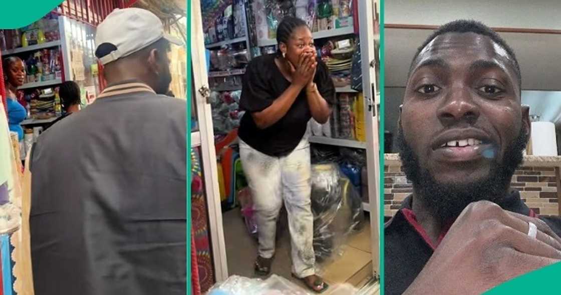 Man visits sister at her shop after four years apart. Man visits sister at her shop after four years apart.