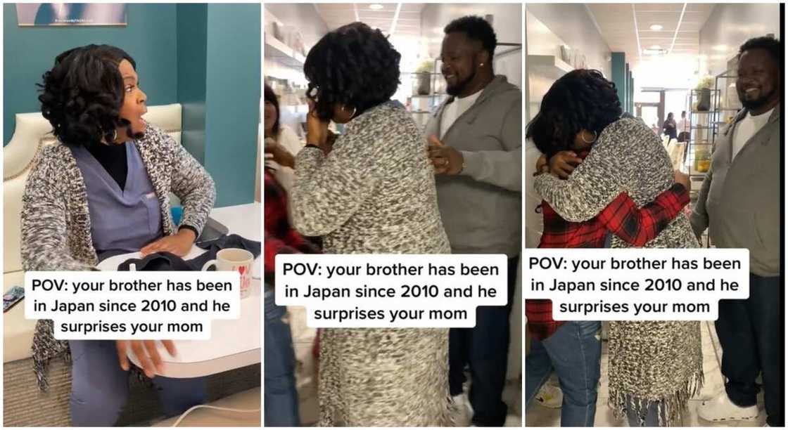 Photos of a mum hugging her son who just returned Japan. Photos of a mum hugging her son who just returned Japan.