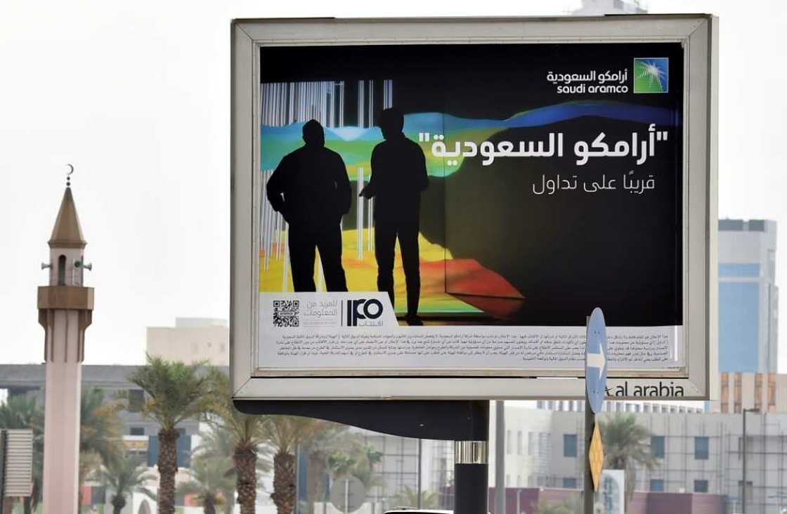 Billboard displaying an advert for Aramco in the Saudi capital Riyadh Billboard displaying an advert for Aramco in the Saudi capital Riyadh