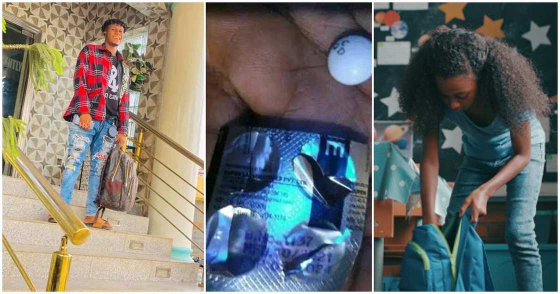 Pill, younger sister's school bag, Nigerian man